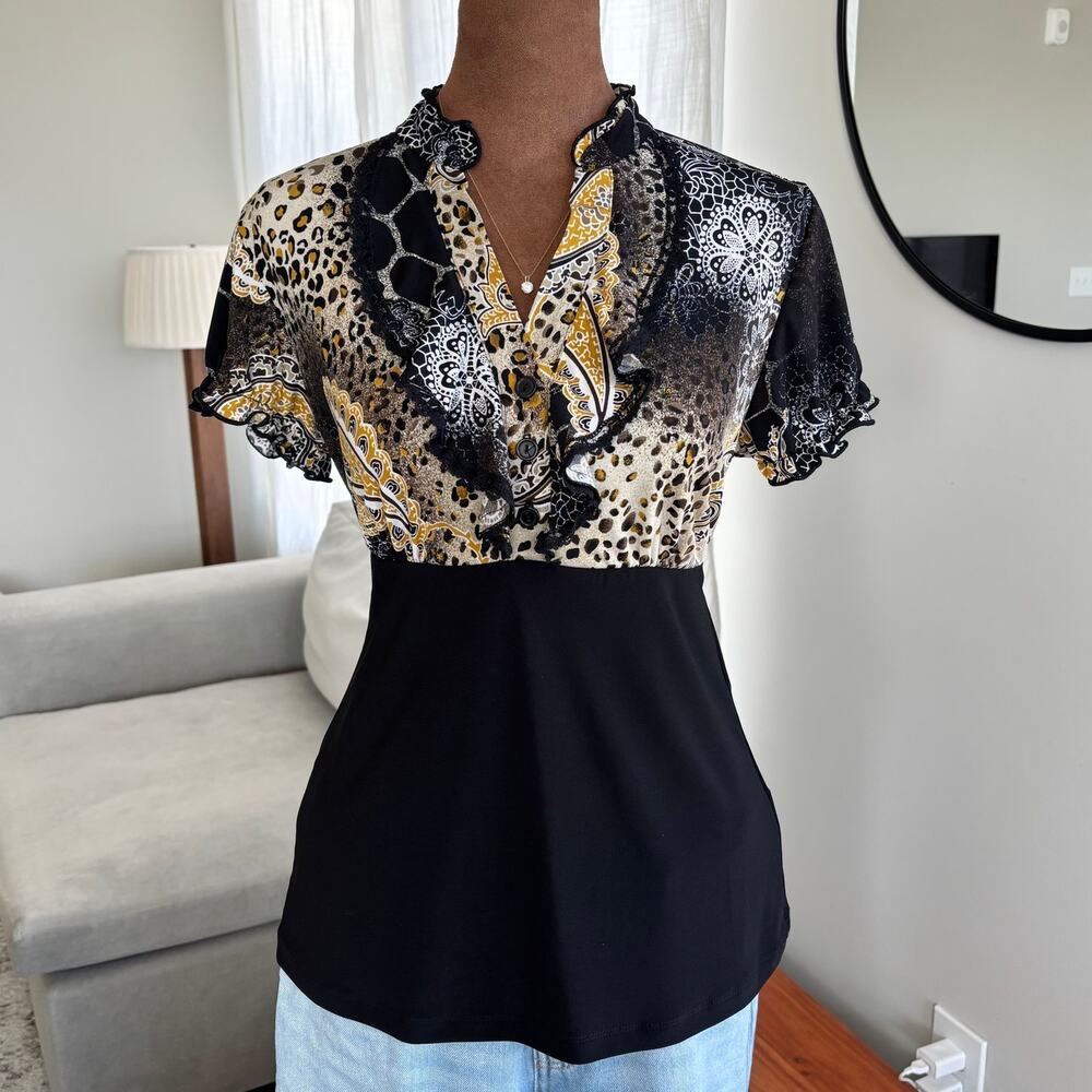 2000s New Directions Blouse Mixed Print Empire Waist Tie Back Petite Size Small